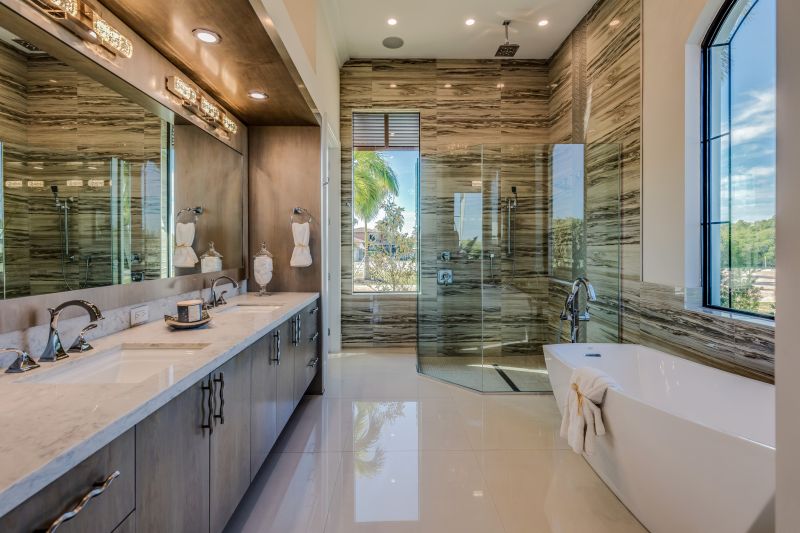 Bathroom with marble countertops and accents